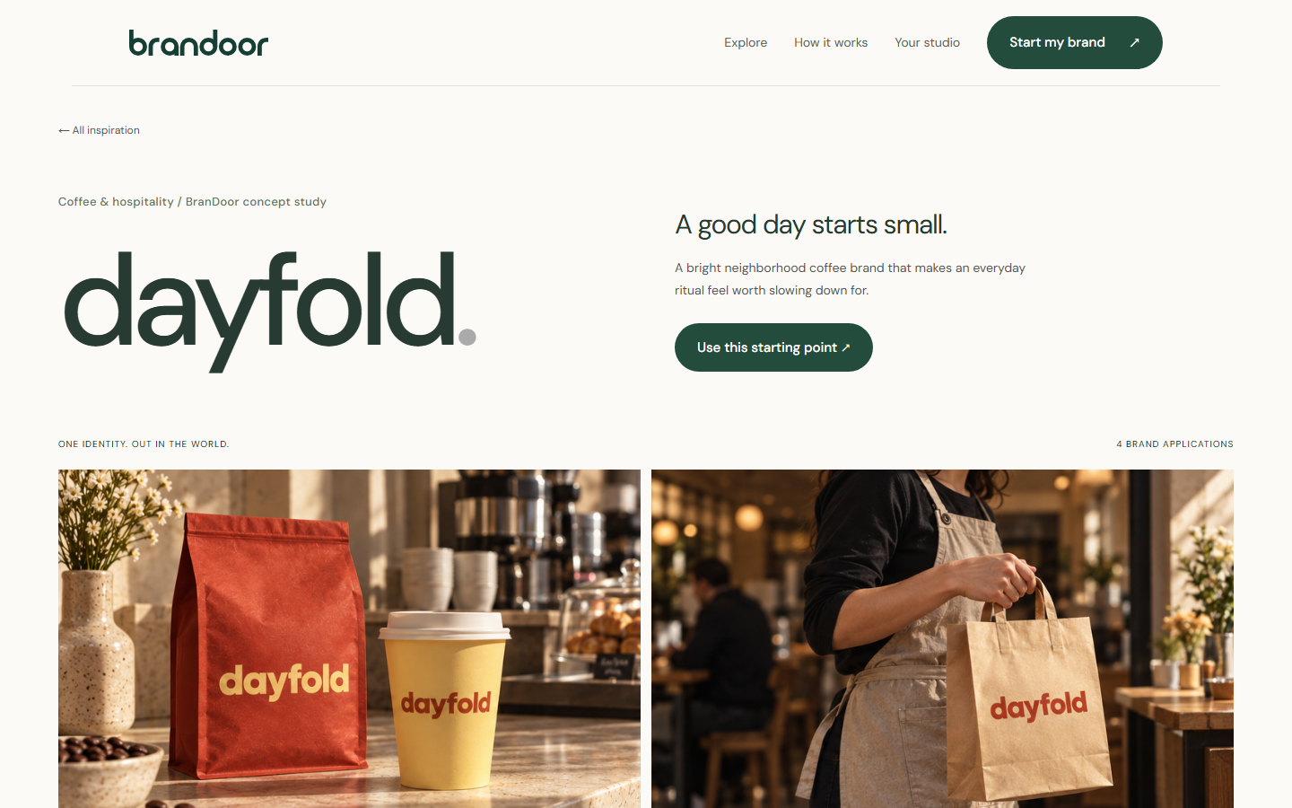 Dayfold sample brand case study showing its wordmark on coffee packaging and a takeaway bag.