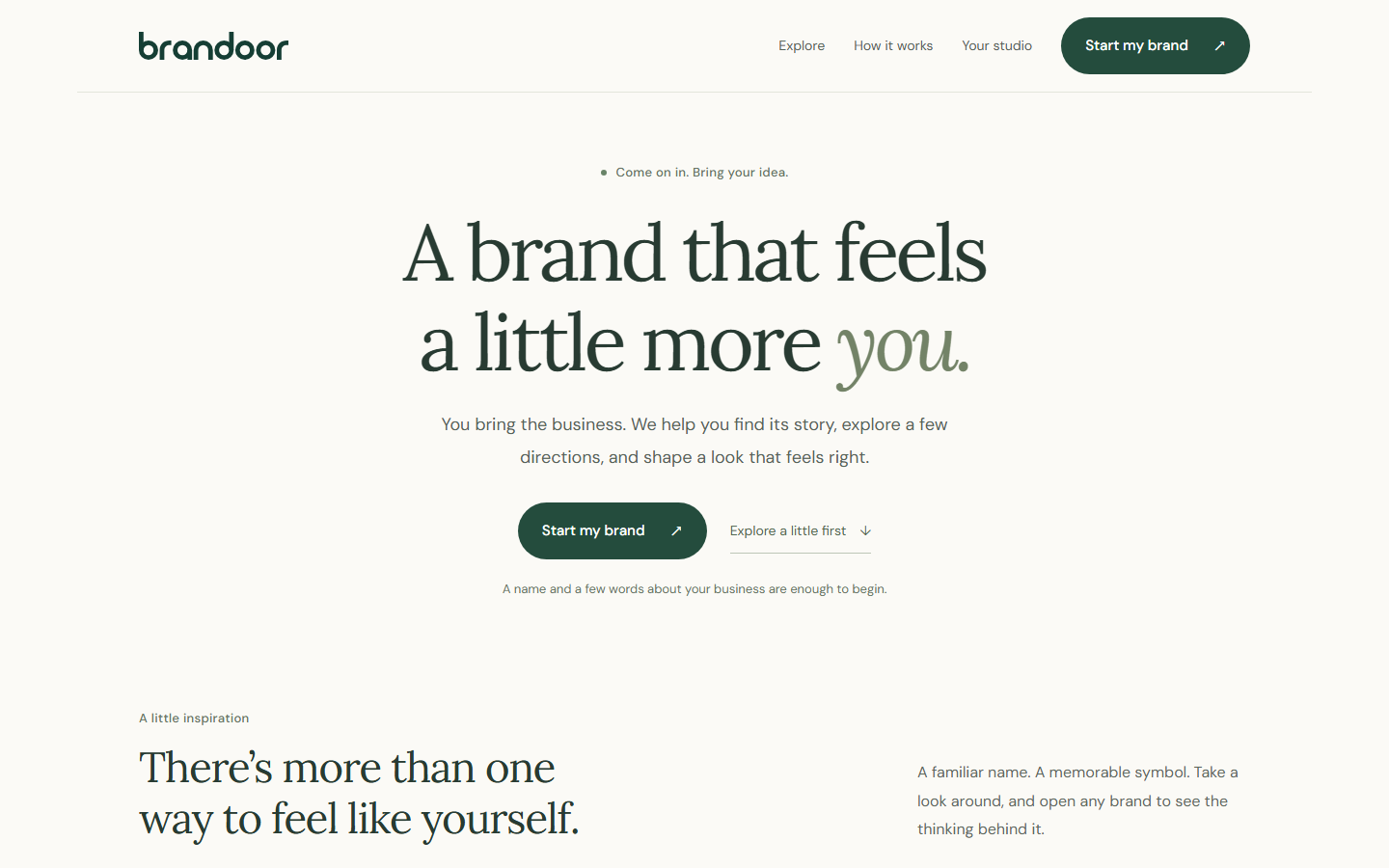 BranDoor homepage with its introduction and invitation to explore brand identities.