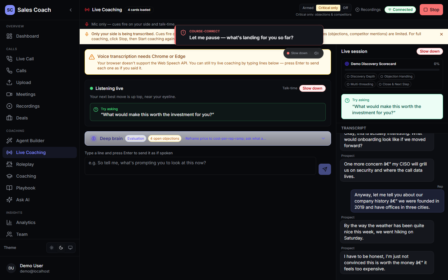 Sales Coach AI in critical-only mode, suppressing lower-priority cues during a call.
