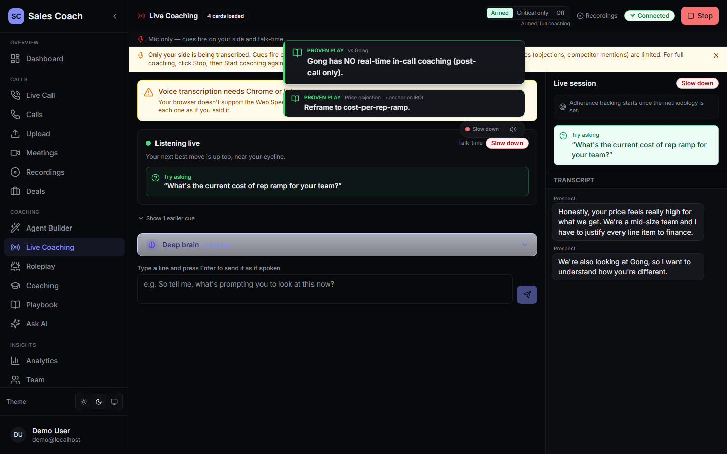 Sales Coach AI live coaching view: cue cards surface a competitor battlecard and a price-objection reframe while the prospect transcript streams alongside.